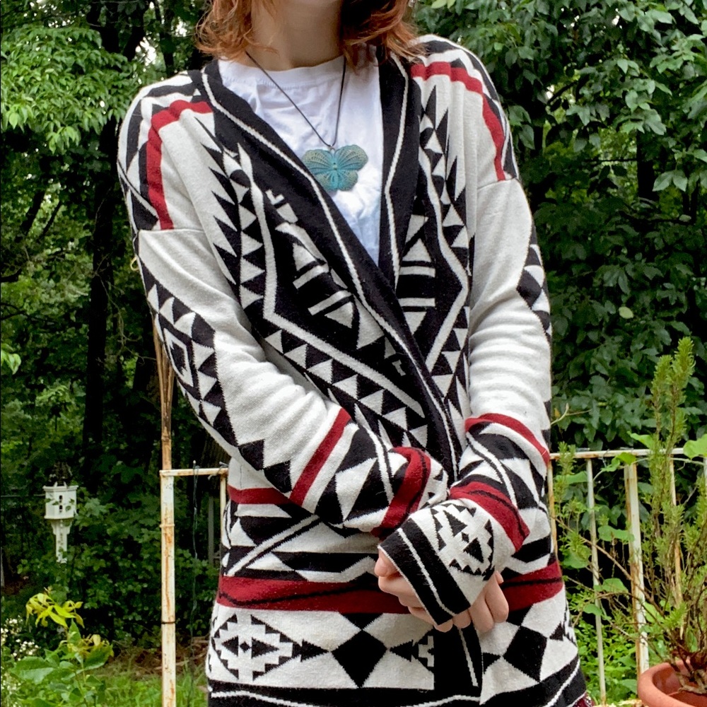 Pink Rose Aztec Southwestern Open Front Cardigan Sweater Sz L